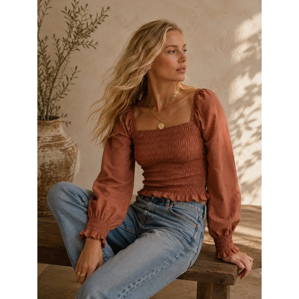 Madewell Top XXS Rust Orange Lucie Bubble-Sleeve Smocked Romantic Cottagecore